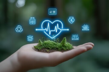 Futuristic eco-healthcare interface glowing over human hand in forest background, ideal for sustainability campaigns, environmental health, or green tech presentations
