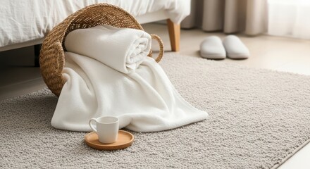 A cozy indoor scene featuring a white blanket draped over a woven basket. A cup on a wooden saucer sits on a soft rug near slippers and a bed.
