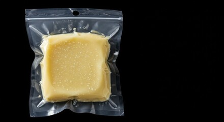 cheese in vacuum packaging on black background, mockup