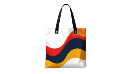 Stylish tote bag design featuring abstract wavy patterns in vibrant red yellow and blue colors