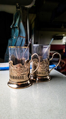 still life with a cup of tea in the train carriage