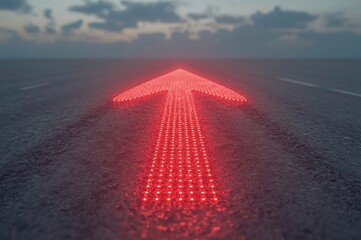 Green LED arrow,Red LED arrow, Floating arrow, Perspective path, Grey road, O-shaped road, Blurry cloudy sky, Realistic lighting, Uniform lighting, Photorealistic image, High detail, High resolution, 