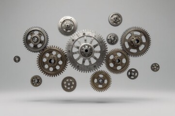 Gear assembly, Floating gears, Mechanical parts, Metallic gears, Precision engineering, Industrial design, Photorealistic gears, High detail gears, Gear teeth, Mechanical components, Metal texture, Re