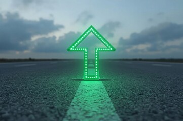Green LED arrow,Red LED arrow, Floating arrow, Perspective path, Grey road, O-shaped road, Blurry cloudy sky, Realistic lighting, Uniform lighting, Photorealistic image, High detail, High resolution, 