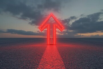 Green LED arrow,Red LED arrow, Floating arrow, Perspective path, Grey road, O-shaped road, Blurry cloudy sky, Realistic lighting, Uniform lighting, Photorealistic image, High detail, High resolution, 