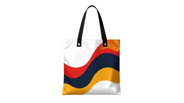 Stylish tote bag design featuring abstract wavy patterns in vibrant red yellow and blue colors - Powered by Adobe