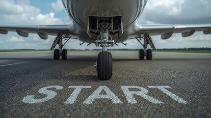 Start of Flight,airplane, Front landing wheel, Airplane engine, Jet engine, Propeller engine, Aircraft section, Grey runway, Airport road, START text, Takeoff concept, Travel path, Perspective view, B