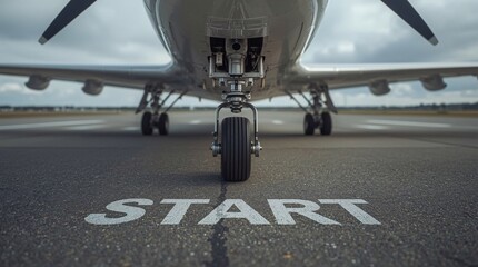 Start of Flight,airplane, Front landing wheel, Airplane engine, Jet engine, Propeller engine, Aircraft section, Grey runway, Airport road, START text, Takeoff concept, Travel path, Perspective view, B
