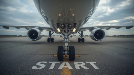 Start of Flight,airplane, Front landing wheel, Airplane engine, Jet engine, Propeller engine, Aircraft section, Grey runway, Airport road, START text, Takeoff concept, Travel path, Perspective view, B