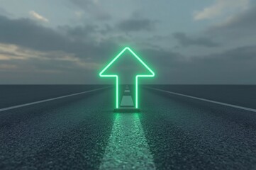 Green LED arrow,Red LED arrow, Floating arrow, Perspective path, Grey road, O-shaped road, Blurry cloudy sky, Realistic lighting, Uniform lighting, Photorealistic image, High detail, High resolution, 