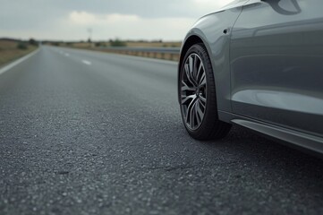 Start of Motion,Car body, Single tire, Floating perspective, Grey road, START text, Blurry sky, Cloudy background, Realistic lighting, Uniform lighting, Photorealistic detail, High resolution, 8K rend