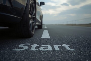 Start of Motion,Car body, Single tire, Floating perspective, Grey road, START text, Blurry sky, Cloudy background, Realistic lighting, Uniform lighting, Photorealistic detail, High resolution, 8K rend