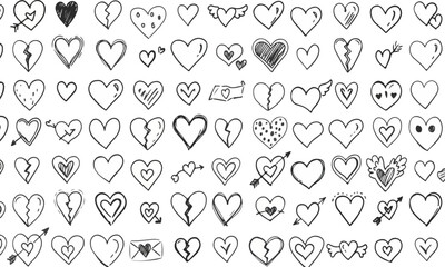 Black and white hand-drawn doodle heart pattern. Perfect for use in Valentine’s Day designs, scrapbooking, and decorative backgrounds.
