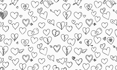 Simple and romantic heart background with hand-drawn sketches in black and white. Suitable for use in invitations, digital designs, and wrapping paper.
