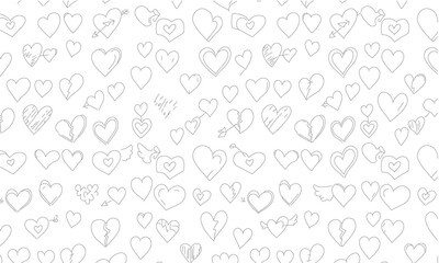 Artistic sketch-style heart pattern in black and white. Seamless design great for romantic-themed projects, digital artwork, and stationery.