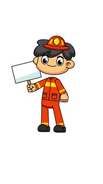 Cartoon Firefighter Holding Banner Animation, 4K Greenscreen Loop