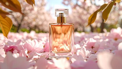 bottle of perfume and pink flower