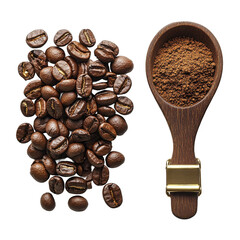 Pile of beans next to a spoon filled with powder form on transparent background