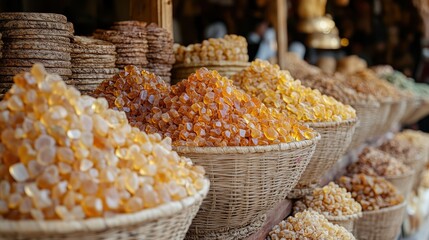 Many baskets with amber crystals and other spices at a market stall. Good for travel blogs, cooking recipes, or traditional food marketing.