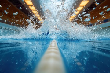 Underwater shot of a pool lane with water splashing above the surface. Ideal for sports, fitness, recreation, or swimming related themes.