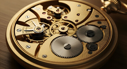 Golden Clockwork Gear Mechanism Close Up on Wooden Surface