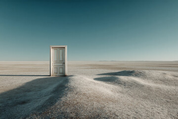Classic white door standing alone in a surreal minimalist desert landscape casting a long shadow