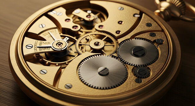 Golden Clockwork Gear Mechanism Close Up on Wooden Surface