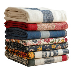 Stack of folded textile items with various patterns seen on transparent background