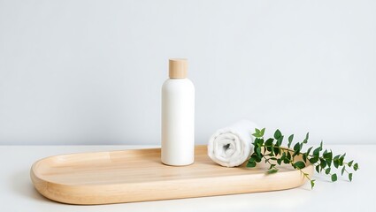 Spa day essentials white bottle wooden tray