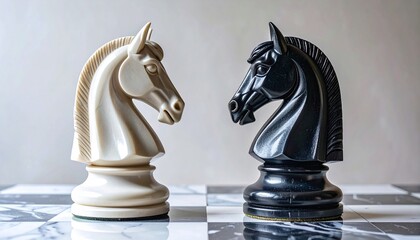 Two chess knights face off in dramatic standoff on chessboard with black and white pieces