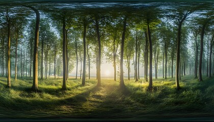 Obraz premium Sunlight filtering through a dense woodland.