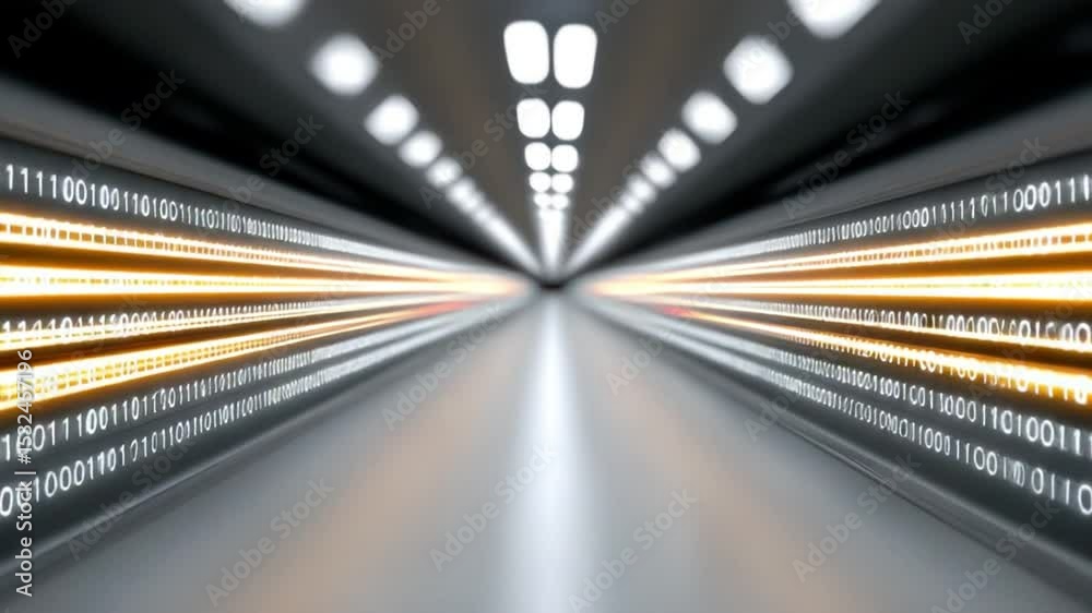 Poster Digital Highway: A conceptual depiction of binary code streaking through a futuristic tunnel, embodying the essence of data flow and digital connectivity.