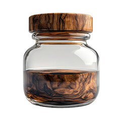 Clear jar with liquid and a wooden lid close up shot on transparent background