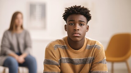 Worried African-American teen in therapy with a blurred woman in the background. Showcase mental health, family issues, and the importance of getting help.
