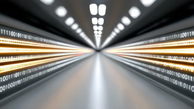Digital Highway: A conceptual depiction of binary code streaking through a futuristic tunnel, embodying the essence of data flow and digital connectivity.