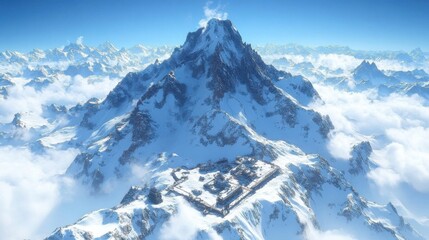Majestic Snowy Mountain Peak Landscape with Cloudscape Aerial View