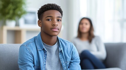 Teen boy sits on sofa. Blurred woman in background. Use for family, communication, mental health concepts.