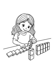 Girl setting up domino chain reaction while smiling at a table  