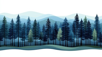 Pixel Style Pine Forest Landscape with Mountain View Background Illustration