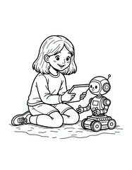 Young girl programming robot with tablet during creative playtime - coloring page for kids 5 - 8 years old  