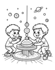Two boys assembling a solar system model for Back to School - coloring page for kids 5 - 8 years old  