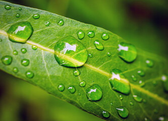 Beautiful large drop morning dew in nature, Drops of clean transparent water on leaves. Sun glare in drop. rainy season natural background