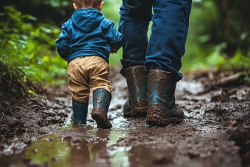 A dad and child in boots walking in muddy water, holding hands together. This picture highlights family outdoor activities and happy childhood moments.