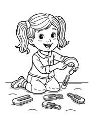 Happy girl testing magnets with paperclips on the floor for science projects