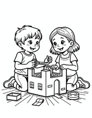 Two children building a cardboard castle model while smiling - Back to School - coloring page for kids 5 - 8 years old  