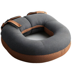 Close up of a travel pillow with leather accents shown on transparent background