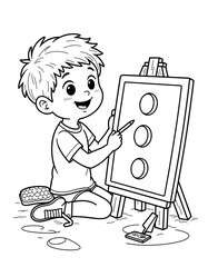 Young boy drawing circles on easel with enthusiasm - Concept of Back to School - coloring page for kids 5 - 8 years old  