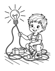 Boy building a simple circuit with a lightbulb for science projects  