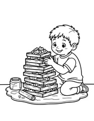 Boy building tower with sticks and clay for Science Projects and Crafts  