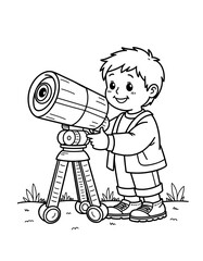 Young boy making a paper telescope while smiling outdoors - Concept of Back to School - coloring page for kids 5 - 8 years old  